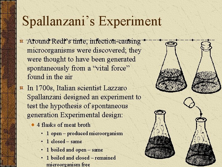 Spallanzani’s Experiment Around Redi’s time, infection-causing microorganisms were discovered; they were thought to have