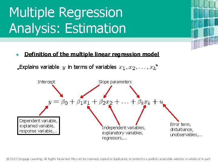 Multiple Regression Analysis: Estimation Definition of the multiple linear regression model „Explains variable Intercept