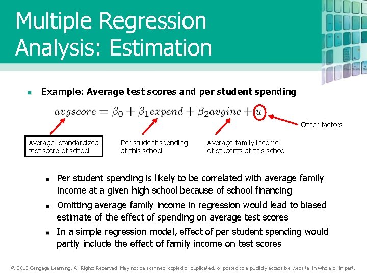 Multiple Regression Analysis: Estimation Example: Average test scores and per student spending Other factors