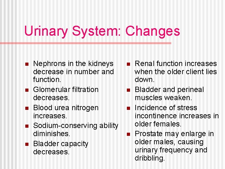 Urinary System: Changes n n n Nephrons in the kidneys decrease in number and