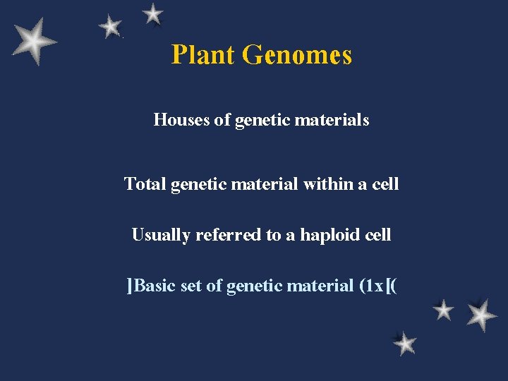 Plant Genomes Houses of genetic materials Total genetic material within a cell Usually referred