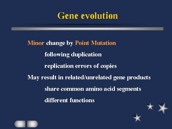 Gene evolution Minor change by Point Mutation following duplication replication errors of copies May