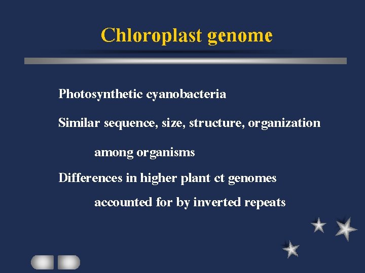 Chloroplast genome Photosynthetic cyanobacteria Similar sequence, size, structure, organization among organisms Differences in higher