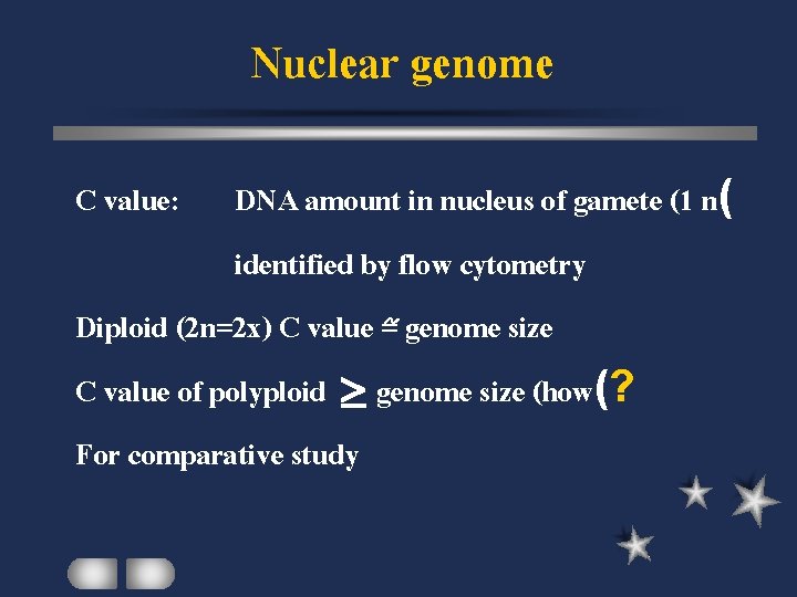 Nuclear genome C value: DNA amount in nucleus of gamete (1 n( identified by