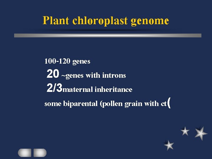 Plant chloroplast genome 100 -120 genes 20 ~genes with introns 2/3 maternal inheritance some