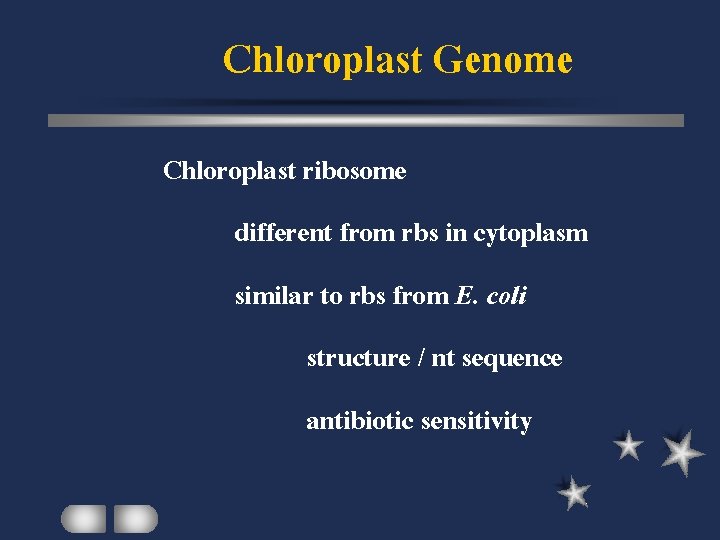Chloroplast Genome Chloroplast ribosome different from rbs in cytoplasm similar to rbs from E.
