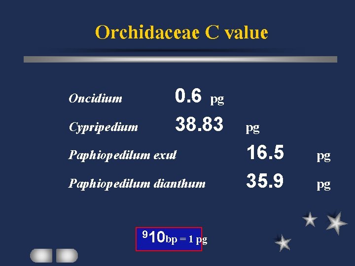 Orchidaceae C value Oncidium 0. 6 pg Cypripedium 38. 83 Paphiopedilum exul Paphiopedilum dianthum