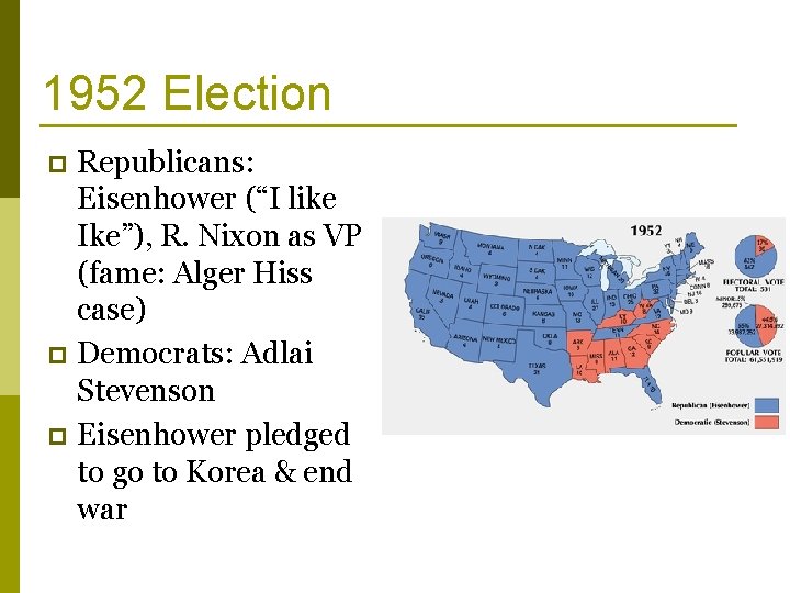 1952 Election Republicans: Eisenhower (“I like Ike”), R. Nixon as VP (fame: Alger Hiss