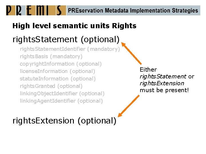 High level semantic units Rights rights. Statement (optional) rights. Statement. Identifier (mandatory) rights. Basis