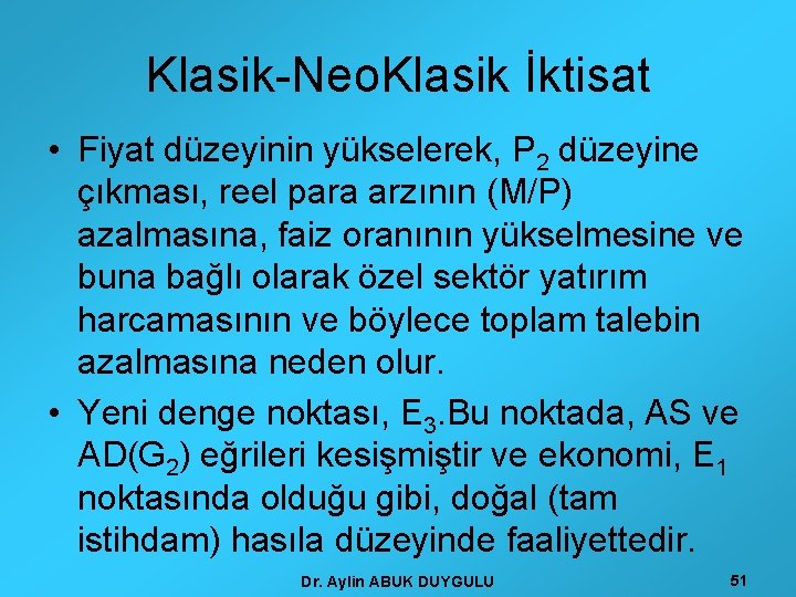 Klasik-Neo. Klasik İktisat • Fiyat düzeyinin yükselerek, P 2 düzeyine çıkması, reel para arzının