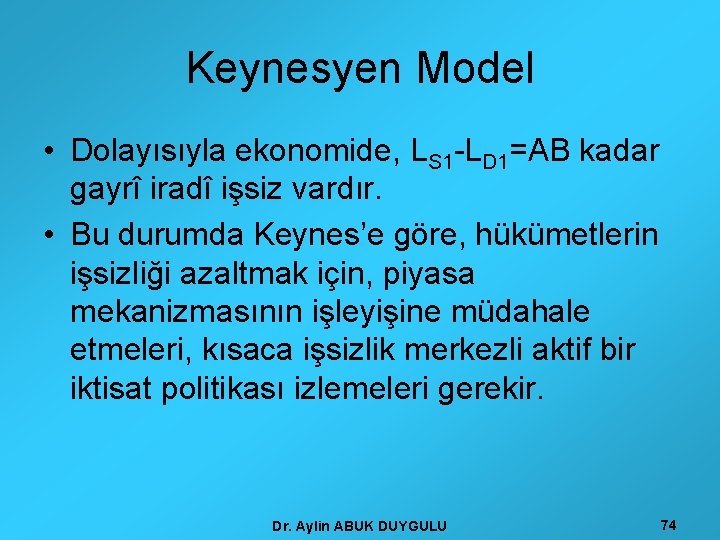 Keynesyen Model • Dolayısıyla ekonomide, LS 1 -LD 1=AB kadar gayrî iradî işsiz vardır.