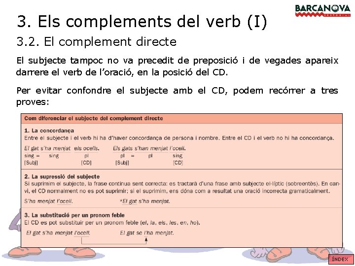 3. Els complements del verb (I) 3. 2. El complement directe El subjecte tampoc