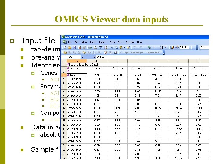 OMICS Viewer data inputs p Input file n n n tab-delimited text file pre-analyzed