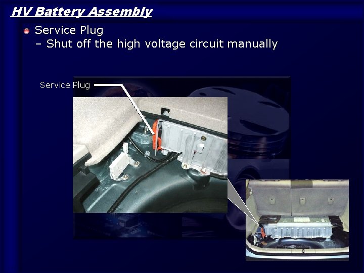 HV Battery Assembly Service Plug – Shut off the high voltage circuit manually Service
