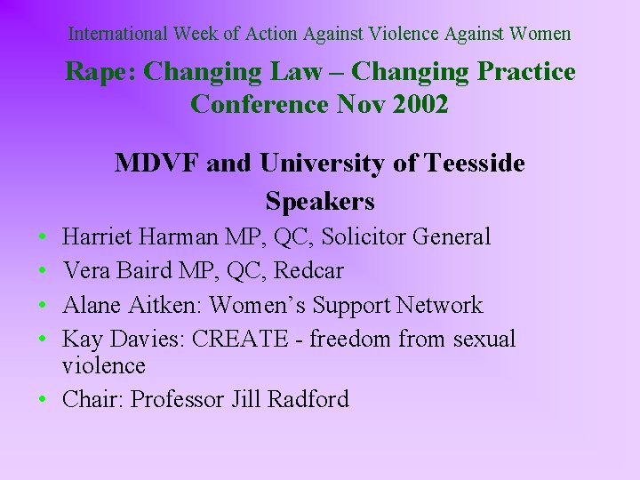 International Week of Action Against Violence Against Women Rape: Changing Law – Changing Practice
