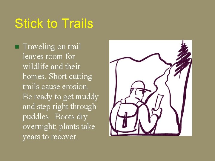 Stick to Trails n Traveling on trail leaves room for wildlife and their homes.