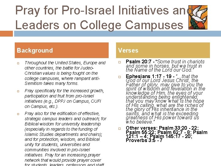 Pray for Pro-Israel Initiatives and Leaders on College Campuses Background Throughout the United States, Pray for Pro-Israel Initiatives and Leaders on College Campuses Background Throughout the United States,