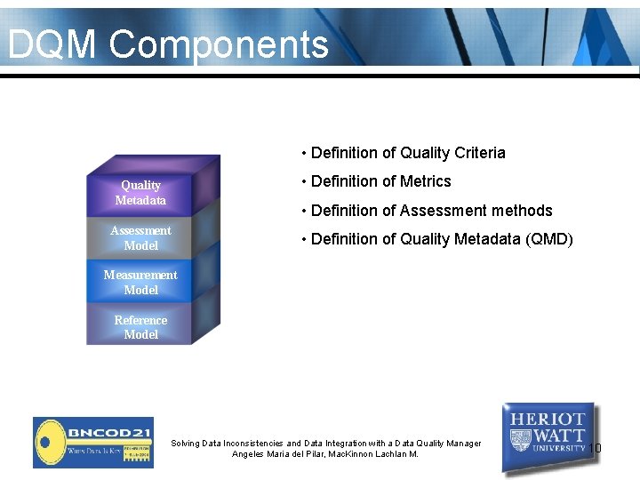 DQM Components • Definition of Quality Criteria • Definition of Metrics Quality Metadata •