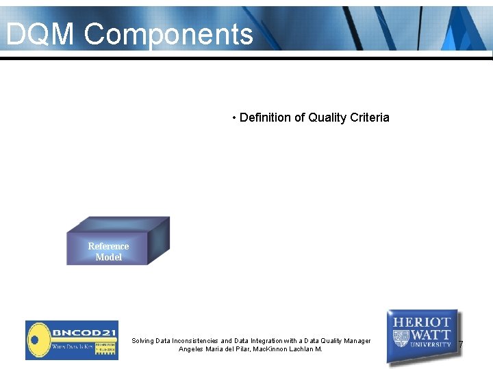 DQM Components • Definition of Quality Criteria Reference Model Solving Data Inconsistencies and Data