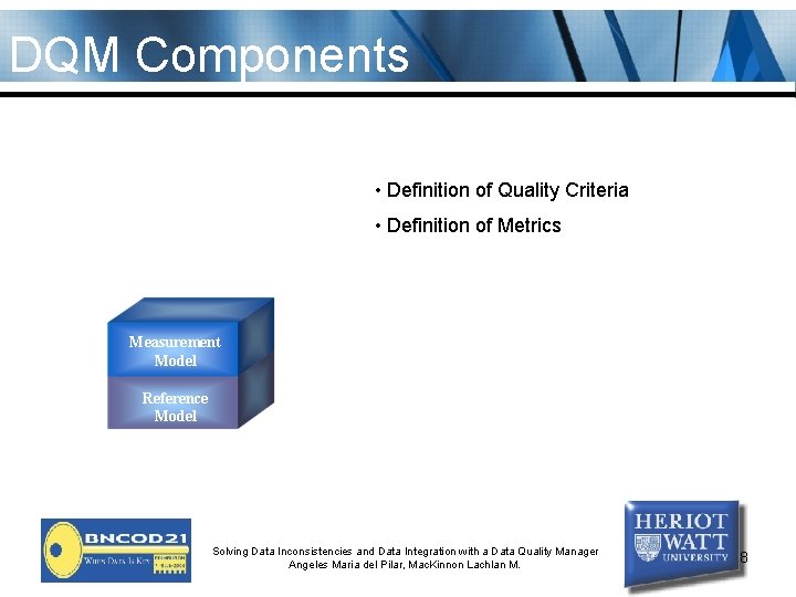 DQM Components • Definition of Quality Criteria • Definition of Metrics Measurement Model Reference