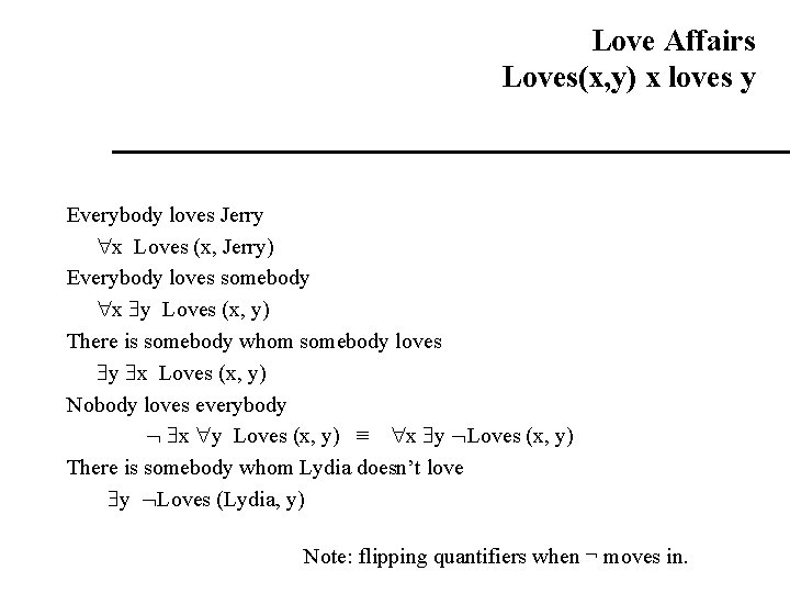 Love Affairs Loves(x, y) x loves y Everybody loves Jerry x Loves (x, Jerry) Love Affairs Loves(x, y) x loves y Everybody loves Jerry x Loves (x, Jerry)