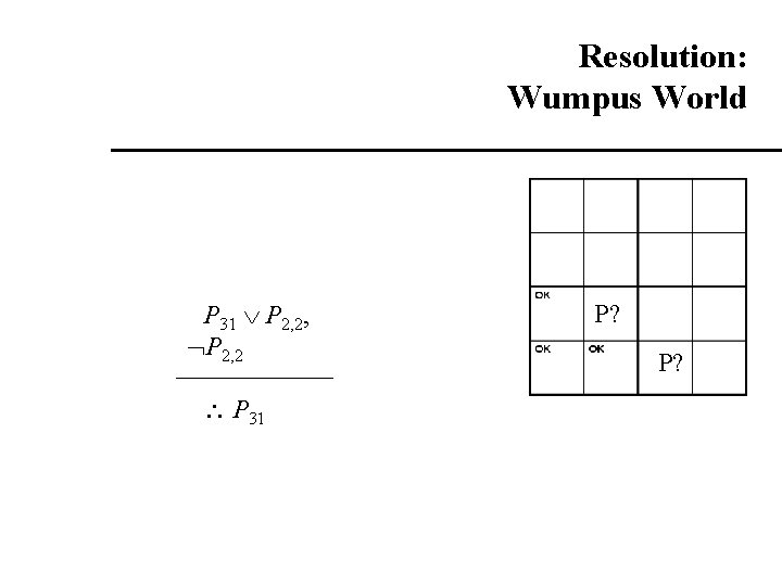 Resolution: Wumpus World P 31 P 2, 2, P 2, 2 P 31 P? Resolution: Wumpus World P 31 P 2, 2, P 2, 2 P 31 P?