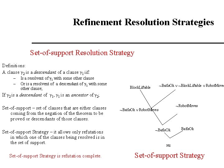 Refinement Resolution Strategies Set-of-support Resolution Strategy Definitions: A clause γ 2 is a descendant Refinement Resolution Strategies Set-of-support Resolution Strategy Definitions: A clause γ 2 is a descendant