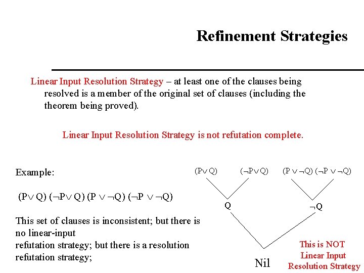 Refinement Strategies Linear Input Resolution Strategy – at least one of the clauses being Refinement Strategies Linear Input Resolution Strategy – at least one of the clauses being