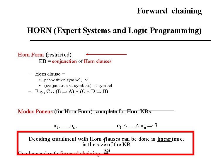 Forward chaining HORN (Expert Systems and Logic Programming) Horn Form (restricted) KB = conjunction Forward chaining HORN (Expert Systems and Logic Programming) Horn Form (restricted) KB = conjunction