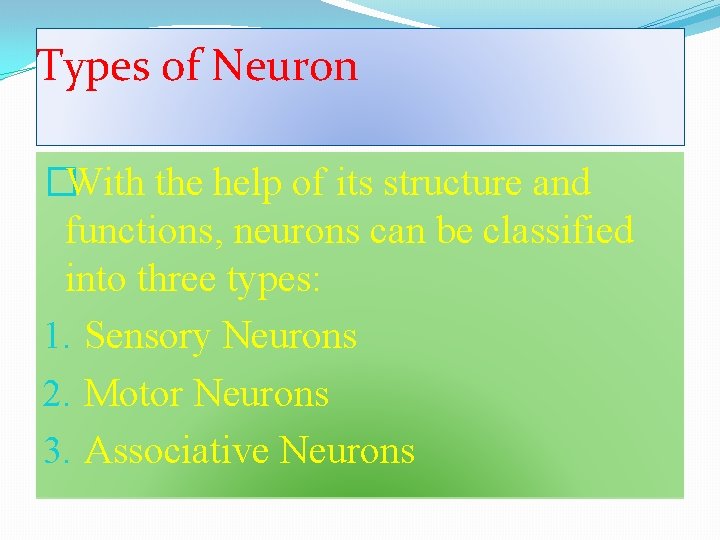 Types of Neuron �With the help of its structure and functions, neurons can be