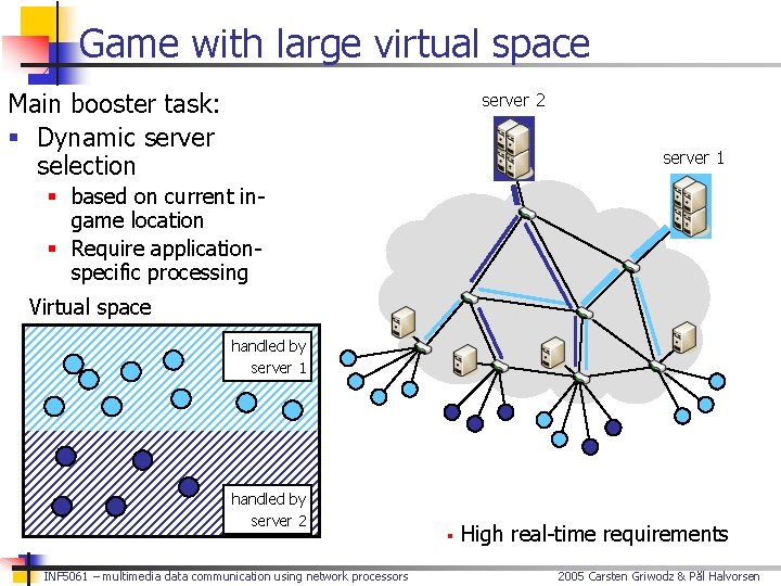 Game with large virtual space Main booster task: § Dynamic server selection server 2