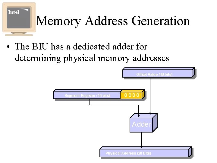 Intel Memory Address Generation • The BIU has a dedicated adder for determining physical