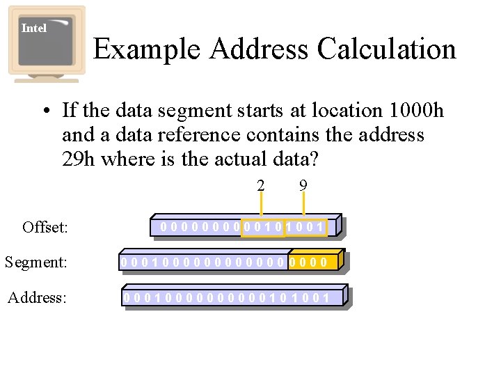 Intel Example Address Calculation • If the data segment starts at location 1000 h