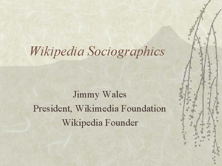 Wikipedia Sociographics Jimmy Wales President, Wikimedia Foundation Wikipedia Founder 