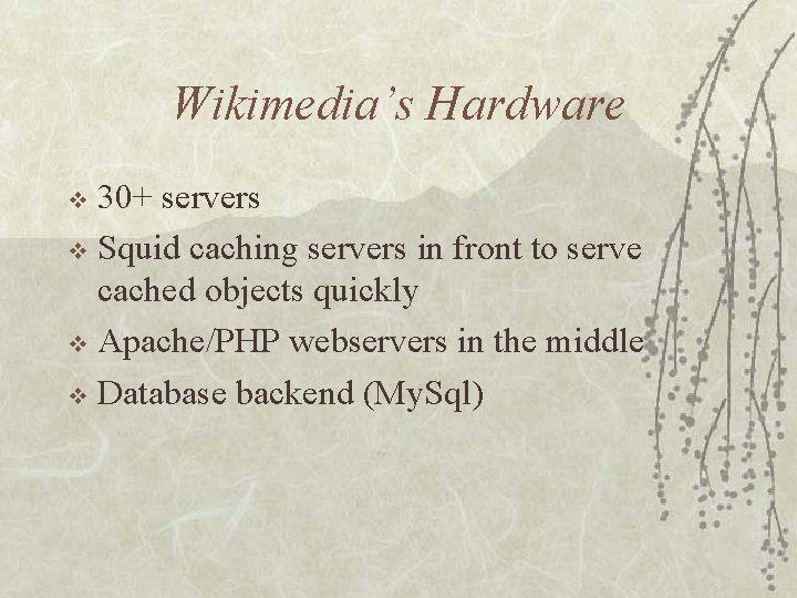 Wikimedia’s Hardware 30+ servers v Squid caching servers in front to serve cached objects