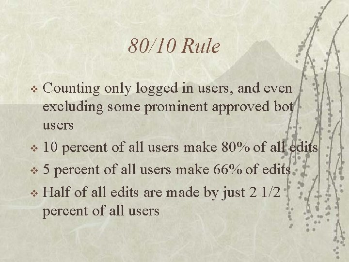 80/10 Rule Counting only logged in users, and even excluding some prominent approved bot