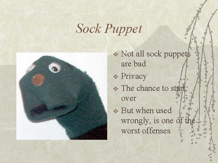 Sock Puppet v v Not all sock puppets are bad Privacy The chance to