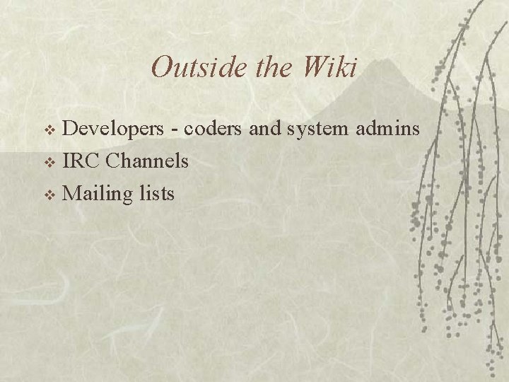 Outside the Wiki Developers - coders and system admins v IRC Channels v Mailing