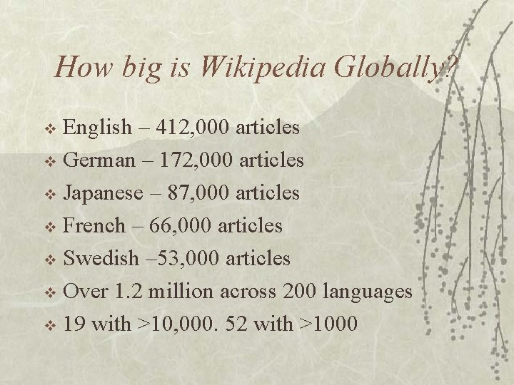 How big is Wikipedia Globally? English – 412, 000 articles v German – 172,