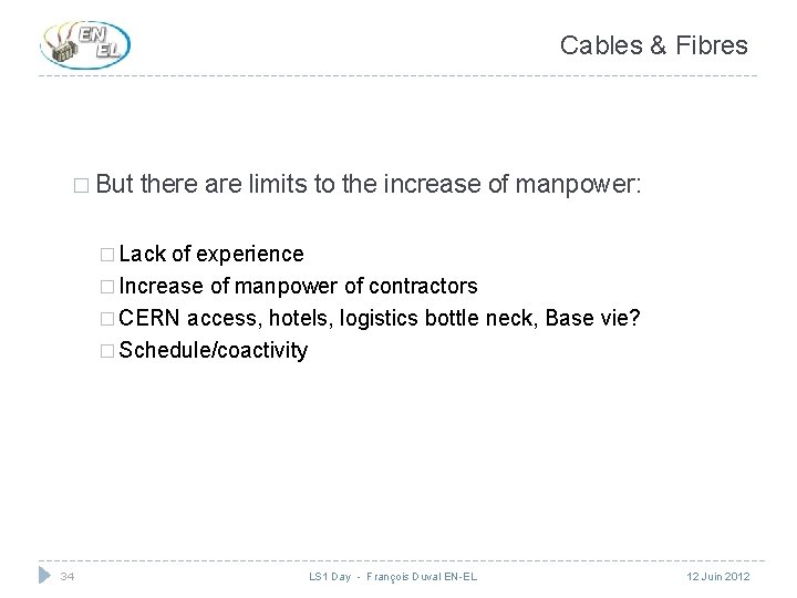 Cables & Fibres � But there are limits to the increase of manpower: �
