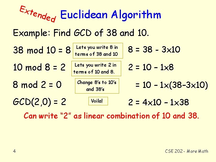 Ext end ed Euclidean Algorithm Example: Find GCD of 38 and 10. 38 mod