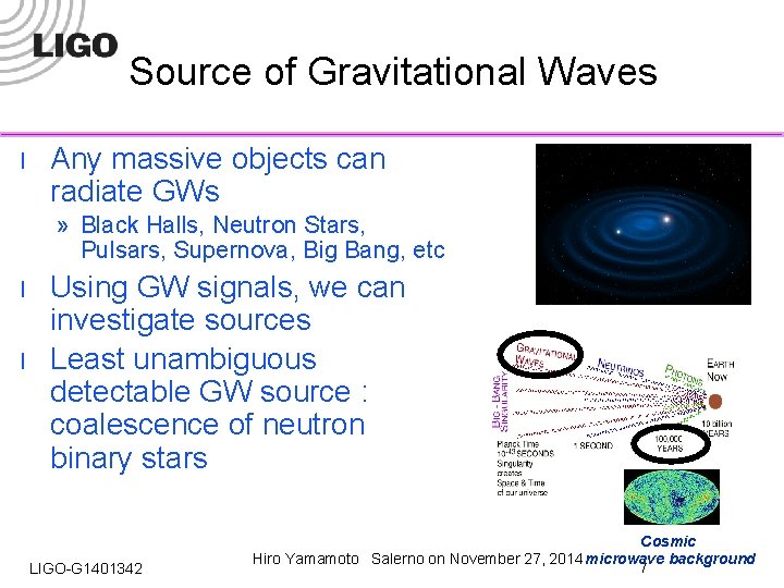 Source of Gravitational Waves l Any massive objects can radiate GWs » Black Halls,