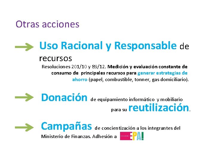 Otras acciones Uso Racional y Responsable de recursos Resoluciones 201/10 y 89/12. Medición y
