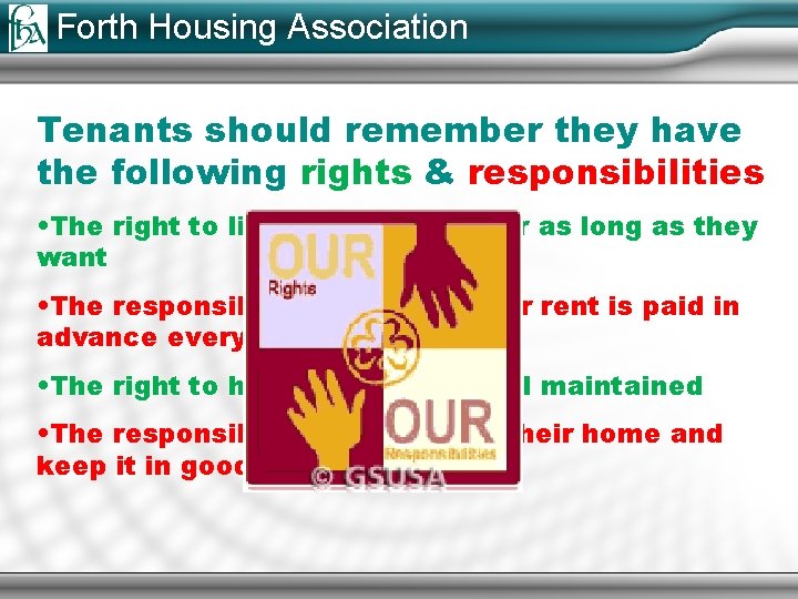 Forth Housing Association Tenants should remember they have the following rights & responsibilities •