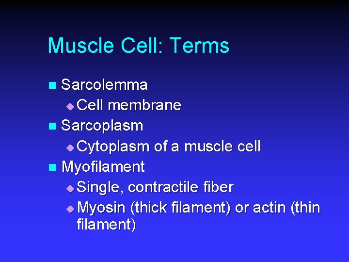 Muscle Cell: Terms Sarcolemma u Cell membrane n Sarcoplasm u Cytoplasm of a muscle