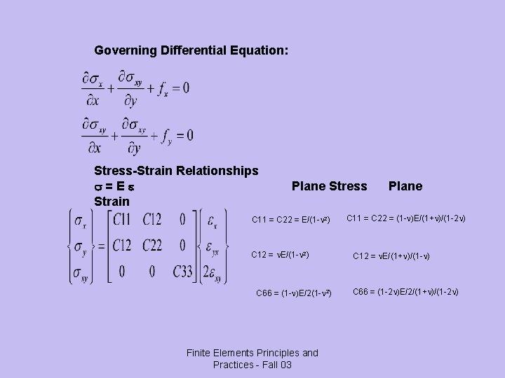 Governing Differential Equation: Stress-Strain Relationships s=Ee Strain Plane Stress C 11 = C 22