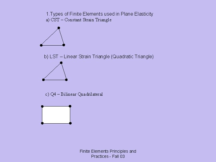 1. Types of Finite Elements used in Plane Elasticity a) CST – Constant Strain