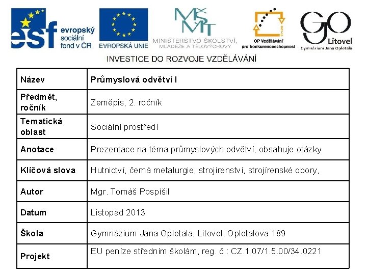 Název Průmyslová odvětví I Předmět, ročník Zeměpis, 2. ročník Tematická oblast Sociální prostředí Anotace