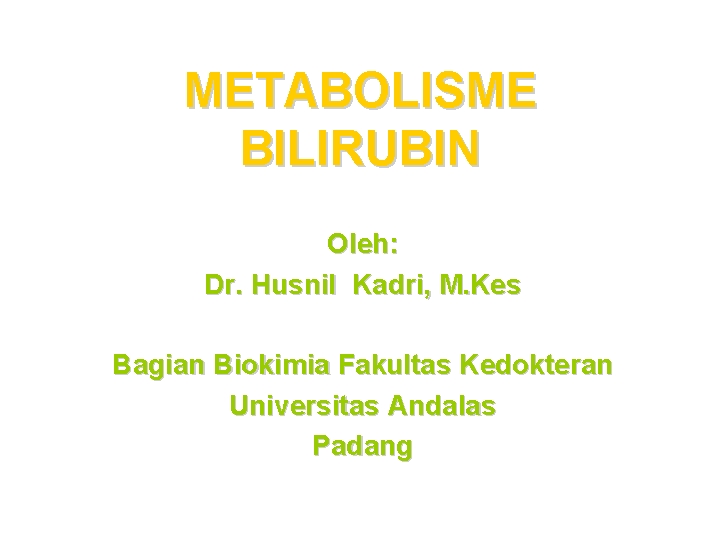 METABOLISME BILIRUBIN Oleh: Dr. Husnil Kadri, M. Kes Bagian Biokimia Fakultas Kedokteran Universitas Andalas