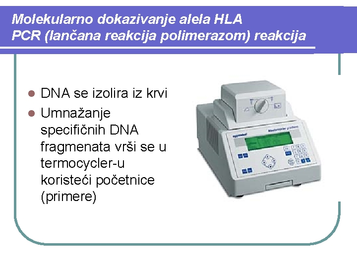 Molekularno dokazivanje alela HLA PCR (lančana reakcija polimerazom) reakcija DNA se izolira iz krvi